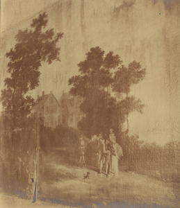 206876 Interieur van het huis Kromme Nieuwegracht 23 te Utrecht: een geschilderde behang in een van de vertrekken.